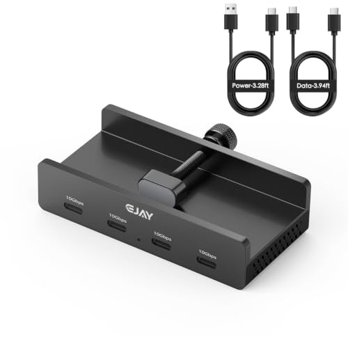 10Gbps USB C Hub - EJAY 4Ports Aluminum USB 3.2 Docking Hub Clamp Design for Desk/Computor with Extra Power Supply Port and 47inches Long Data Cable&39inches Power Cable (BJ-4C-BK)