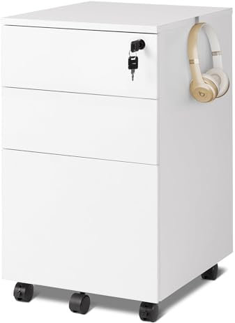 DEVAISE Rollcontainer mit 3 Schubladen, Mobiler Aktenschrank mit Rollen, Druckertisch für DIN A4/Legal/Letter, Schreibtisch Unterschrank für Büro und Home Office, Weiß