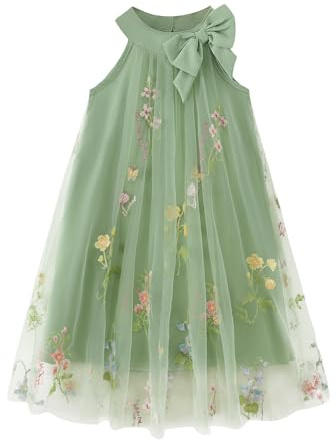 Little Girl Dresses Summer Clothes Ruched Green Flower Halter Toddler Princess Dress Kids Casual Tulle Sundress Cute Girl Outfit Size 6 7