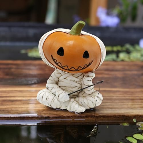 Halloween Deko Garten Kürbis Figuren,Kürbis Deko Gartenfiguren für Draußen Wetterfest,Teichdeko für Draußen Angler Kürbis Figur,Halloween Harz Statue Bauernhof Balkon Miniteich Teich (02)
