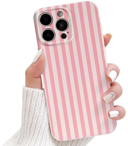 NITITOP Cover per iPhone 15 Pro Max Carina Righe Striped, Rosa | per Donne Ragazze, Aesthetic per Stripes, Custodia In TPU Sottile Antiurto, Protettiva Completa per Fotocamera