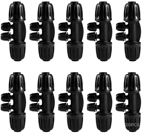 20 accesorios de riego por goteo de 1/2 pulgada a 1/4 pulgadas, reductor de 47 cuatro vías a acoplamientos 16 de doble bloqueo, para sistemas de calidad de riego de jardín, material pompón