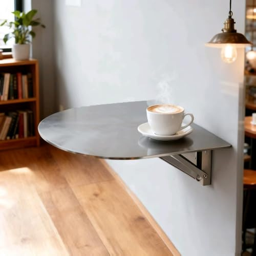 QSPNVFB Halbrund Wandklapptisch Kleiner Bartisch Edelstahl Faltbarer Tischhalterung Pub-Tisch 30cm Schwimmend Wandtisch Für Balkon Arbeitszimmer Esszimmer(Silver)