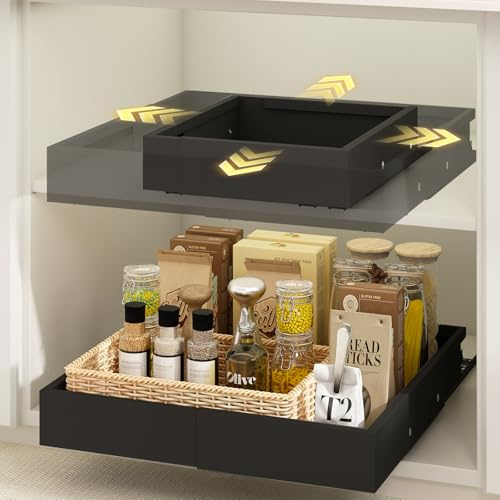 Mointal 2 Pezzi Cassetto Telescopico Piccoli a 4 Direzioni, Cassetto Estraibile per Cucina, Larghezza Regolabile 26-41 cm e Profondità 33-42 cm, Organizer per Cassetti in Metallo, Viti/Adesivo, Nero