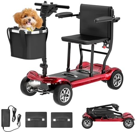 Mobility Scooters for Adults 18.5 kg, 38 km Long Range 130 kg Capacity Folding Mobility Scooter for Travels with Airport Approved, All Terrain Foldable Mobility Scooter (Red)