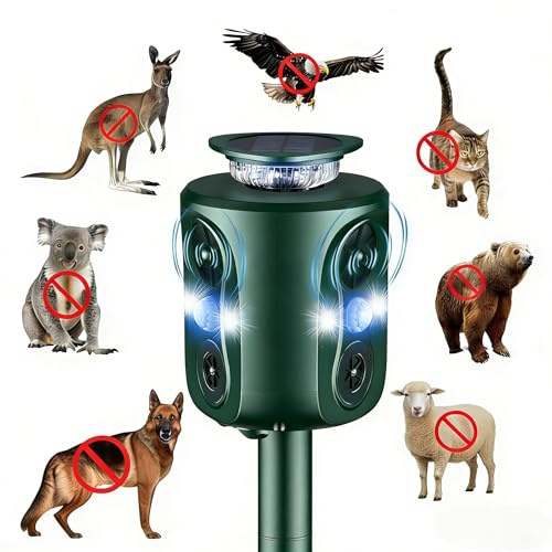 Tiervertreiber Solar Ultraschall, 360° Mardervertreiber mit LED Blinklicht, 5 Modi Katzenvertreiber IP66 Wasserdicht, Garten Tierabwehr für Katzen, Marder, Waschbären, Hunde & Mäuse