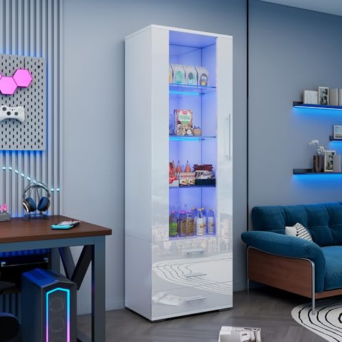 BXEYXE Vit högblank vitrinskåp, vitrinskåp, stående vitrinskåp med LED-belysning, vertikal monter med 3 lådor, 60 x 35 x 180 cm