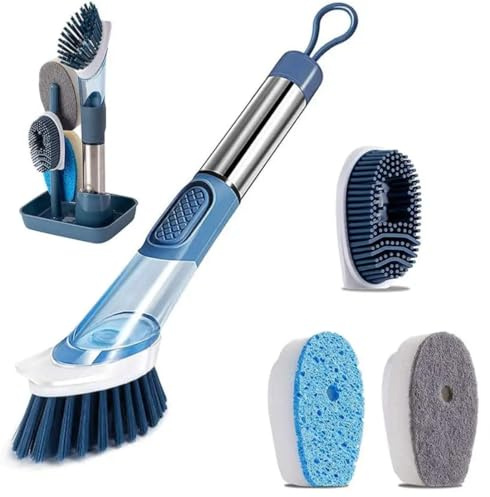 Multifunctional Kitchen Dish Washing Brush Set with Automatic Liquid Filling, Long Handle Scrub Brush with Stand, Blue