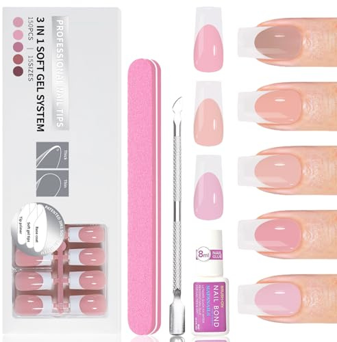 150 Stück French Nail Tips Full Cover Nageltips - 5 Farben Medium Coffin Nägel Zum Aufkleben, Französische künstliche Nägel French Tip Design, Fake Nails mit Kleber - Geeignet für Frauen Nageldesign