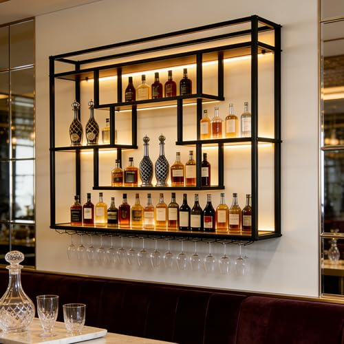 Portabottiglie da Parete con luce LED, Portabottiglie in Metallo e Legno di Grande Capacità, Mensola Espositiva per Bottiglie di vino con Portabicchieri, per bar, sala da pranzo, cucina (140cm)