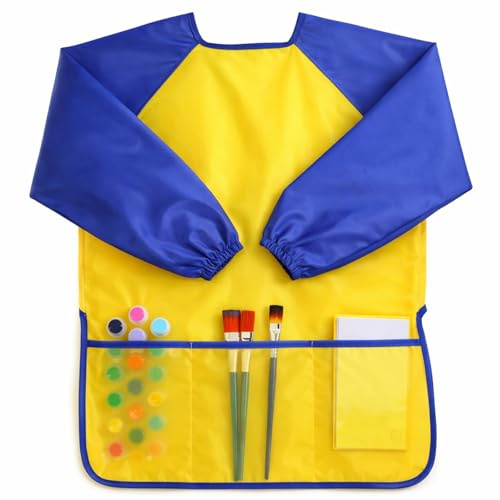 Apausvcm Waterproof Kids Painting Apron with Long Sleeves and 3 Pockets - Toddler Art Smocks for Painting Artists, Age 2-8 Years