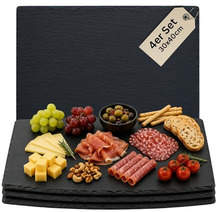 Schieferplatten eckig 30x40 cm Set aus 4 Servierplatten aus Schiefer für Käseplatte Tapasplatte Deko & HLKauf-Block