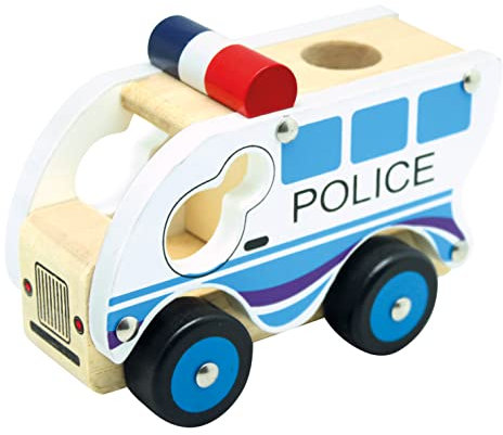 Bino Holzauto Polizei, Spielzeug für Kinder ab 12 Monate, Kinderspiel (Holzspielzeug mit Reifen, robustes Material, Motorikspielzeug zur Förderung kindlicher Fähigkeiten, Spielzeug aus Holz), Blau