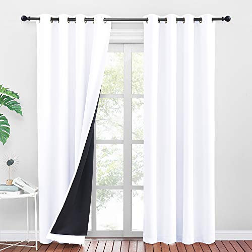PONY DANCE 100% Blackout Double-Layer Curtains with Liner - Thermal Insulated 52x95 Inch Long Curtains for Bedroom Living Room, Energy Energy & Noise Reducing, White Grommet Blackout Drapes, 2 Panels