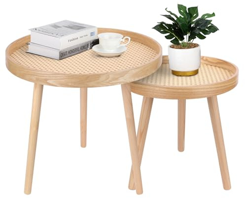 Round Coffee Table Set of 2, Natural Boho Coffee Tables, Small Mid Century Modern Rattan Coffee Table, Boho Side Table End Tables for Living Room Bedroom Office