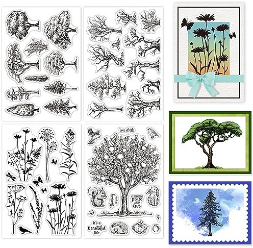 GLOBLELAND 4 Blatt Transparente Stempel Mit Pflanzen Bäumen Für Die Kartenherstellung Blumen-Silhouette Silikon Siegel Für DIY Scrapbooking