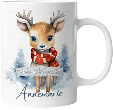 timalo® Tasse personalisiert mit Namen Geschenk „Frohe Weihnachten“ Kaffeetasse Jungen und Mädchen | Rentier