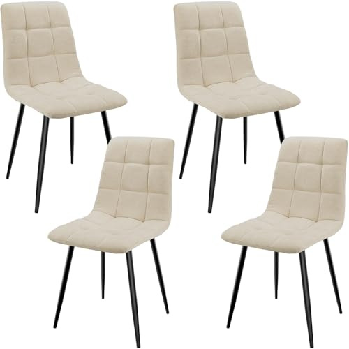 JIJIAN Set di 4 Sedie da Pranzo in Lino, Sedie da Cucina Moderne Imbottite con Gambe in Metallo Nero, Design a Quadri, per Sala da Pranzo e Cucina, Beige