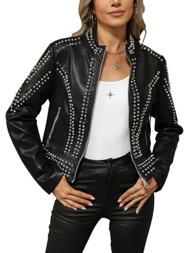 Bellivera Women's Faux Leather Jacket Studded Rivet Casual Short Moto Biker Stand Collar Coat 3220 Black L