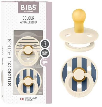 BIBS Colour Studio Soother 2-Pack, BPA Free Dummy Pacifier, Round Nipple. Natural Rubber Latex, Made in Denmark, Size 1 (0-6 Months), Jasmine Ivory