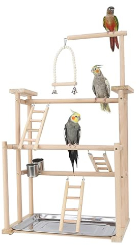 Dynaeuty Bird Perch Stand Toy, Wooden Bird Playground Parrot Play Stand, Budgie Toys with Swing Climb Ladder and Tray Budgie, Parrot Cage Accessories for Parakeets Lovebirds Finches Budgie 44x31x79cm