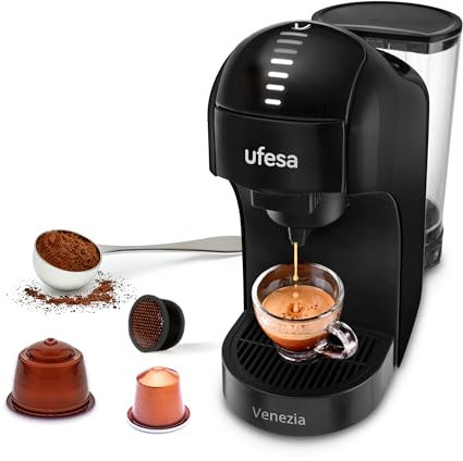 Ufesa Venezia, Cafetera Cápsulas 4 en 1, Cápsulas café Standard, Cápsulas Café Delta Café Molido, Panel Táctil Digital con 7 Niveles, 1400W, 15 Bares