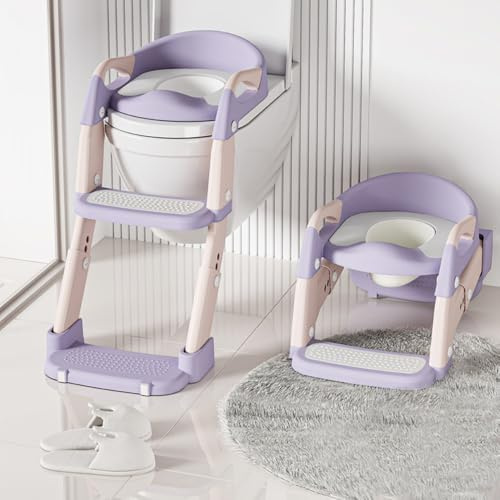 Lyefancy Vasino per bambini con gradini, 2 in 1, sedile per WC per bambini e bambine, morbido tappetino antiscivolo, paraspruzzi, con gradino, per addestrare il WC in bagno (viola)