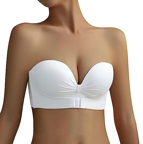 Minetom Soutien Gorge Bandeau Femme sans Bretelles Boucle Avant sans Couture Tube Top Dentelle Invisible Push Up Dos Nu Lingerie Bra A Blanc L
