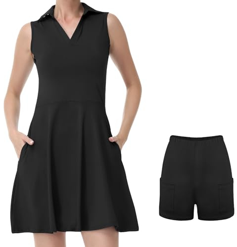 Bezioner Vestito Tennis Donna Vestito Polo con Pantaloncini Vita Alta Abiti da Golf con Tasche Senza Maniche Abito Sportivo Nero S