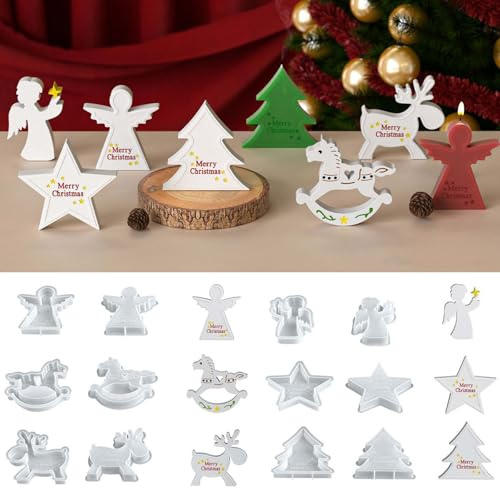 6 Stück Silikonformen Gießformen Weihnachten, Silikonform Sterne Engel Elch Tannenbaum, Gießform Kerzenhalter Stern Tannenbaum, Silikon Gießform Elch Engel