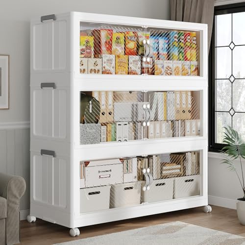 Fangtueh 480QT Extra Large Stackable Storage Bins with Lid & Wheels & Doors, 120Gal Foldable Collapsible Closet Organizers, Plastic Cabinet Box Container Drawer for Home Kitchen Bedroom, 3Pack White