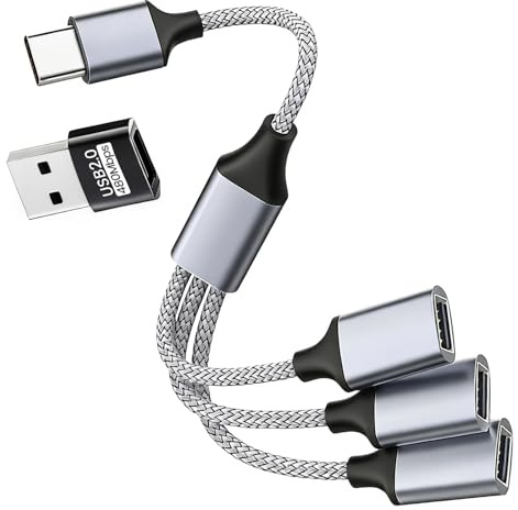 USB C Splitter 1 a 3 USB-A para Carga y Transferencia de Datos Adaptador USB 3 Hembra en Macho Tipo C Ladrón Cable Nylon Duplicador con Adaptador para iPhone MacBook Galaxy PC Unidad Flash Teclado