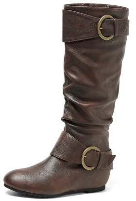 DREAM PAIRS Women's Knee High Low Hidden Wedge Boots Suede Faux Fur Lining Side Zipper Knee High Buckle Boots,Size 8,Brown,URA