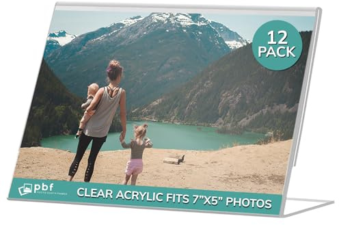 pbf 7x5 Acrylic Sign Holder | 7 x 5 Horizontal Stand Up Slanted Sign Holder | Acrylic Stands for Display | Clear Picture Frame, Menu Table Top Stand, Plastic Flyer Holder (12-Pack)