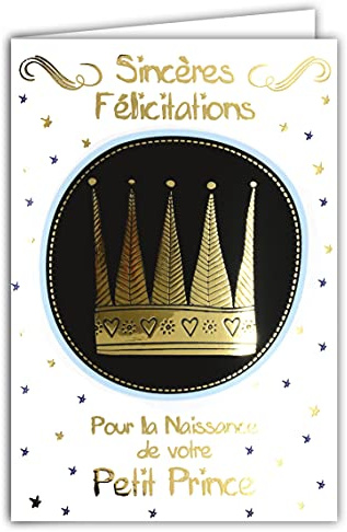 69-7025 Carte naissance garçon petit prince oiseau avec dorure Format 12 x 17,5 cm + Enveloppe Blanc