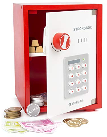 small foot 12012 Tresor inkl. Spielgeld und Goldbarren aus Holz, REGT das Rollenspiel an, Safe für Kinder, ab 3 Jahren