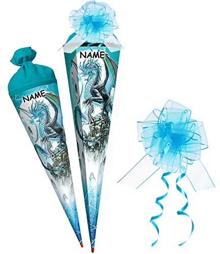 alles-meine.de GmbH Schultüte - Drache/Eisdrache - 35-100 cm - Größe wählbar - rund - incl. Name und Schleife - Tüllabschluß - Zuckertüte - mit/ohne Kunststoff Spitze - Rot..