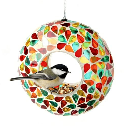 Lily's Home 6 Inches Glass Mosaic Hanging Bird Feeder for Outdoors Fly-Through Large Bird Feeder for Outdoor Garden Decor Backyard, Vibrant Gift for Animal Lovers, Green, Yellow Orange
