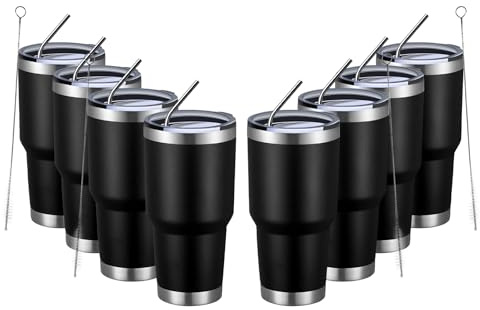 MEWAY 30oz Insulated Tumbler With Lids and Straws,Stainless Steel Double Vacuum Coffee Tumbler Cup, Brush, Durable Powder Coated Coffee Cup for Cold & Hot Drinks(Black,8 PACK)