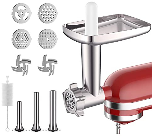 Metal Meat Grinder Attachment for KitchenAid Stand Mixers, Food Grinder Attachment Includes 4 Grinding Plates, 3 Sausage Stuffer Tubes, 2 Grinding Blades, Grinder and Sausage Stuffer by COFUN