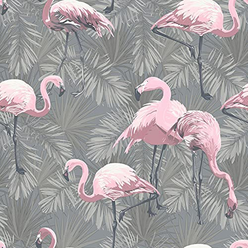 Exclusive Flamingo Wallpaper Birds Animals Feathers Tropical Pink Quirky Exotic Wallpaper (Grey AL1032)
