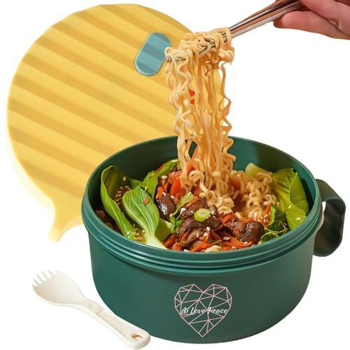 AI LOVE PEACE Microwave Noodle Bowl, BPA-Free 1200ml Soup Mug with Handles, Portable Ramen Container for Students & Offices, Green