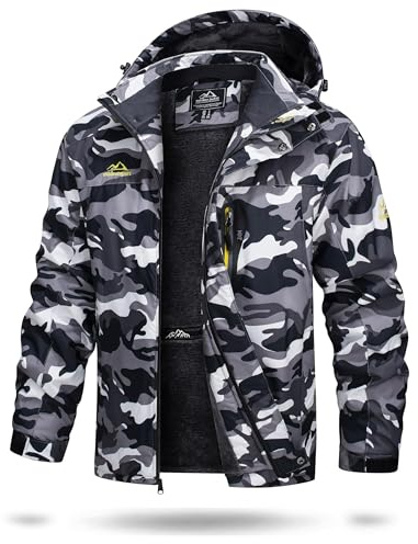 TACVASEN Giacca da Sci Uomo Giacca Caccia Uomo Winter Jacket Men Giacche Invernali con Cappuccio Rimovibile Softshell Vento Parka Lavoro Nero Camo, L