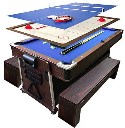 Billardtisch 7 FT mod. Mattew Blau mit Bänken und Tischhockey und Tischtennistisch und Tischdecke