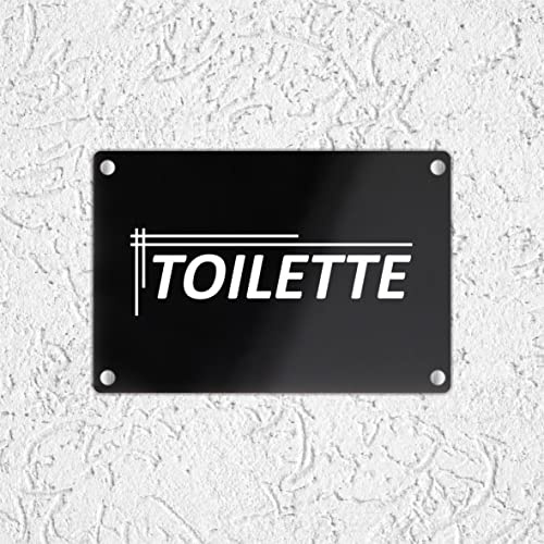 CARTELLO IN PLEXIGLASS NERO LUCIDO SEGNALETICO - TOILETTE scritta - Con Distanziali in acciaio inox e Stampa U.V. (30X42 CM)