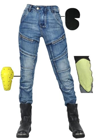 SHUOJIA Motorradhose Damen, Motorrad Jeans Damen Aus Aramidfaser,Motorrad Schutzhose Hose Mit Protektoren (Blue Female-B,S)