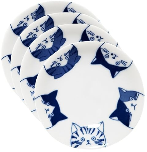 LOVE LOVE JAPAN Japanese Cat Design Ceramic Small Plates - Set of 4 - Great for Sushi, Dips, & Desserts, Cat Quintet