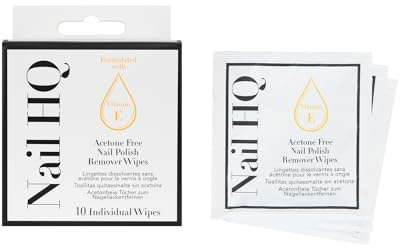 Nail HQ Acetone-Free Nail Polish Remover Wipes, Vitamin E Enriched, Individually Wrapped – Gentle, Portable, 10 Pack