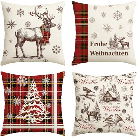Artoid Mode Rot BüffelKaro Weihnachtsbaum Rentier Frohe Weihnachten Kissenbezüge 4er Set, 45x45cm Winter Zierkissenbezug Couch Wohnzimmer Deko