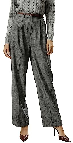 LilySilk Pantalon de Costume en Flanelle de Laine à Jambes Larges pour Femme Pantalon de Costume Blazer d'affaires Chaud et Doux doublé de Soie 4, Glen Plaid
